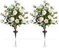 36''Artificial Camellia Tree, 2 Pack Soil Insertion w/Spike,Flower Plants, Faux Floral Plant Blooming Tree in Cement Pot, Greenery Potted Plant for Indoor Outdoor Office Home Porch Decor