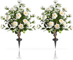 36''Artificial Camellia Tree, 2 Pack Soil Insertion w/Spike,Flower Plants, Faux Floral Plant Blooming Tree in Cement Pot, Greenery Potted Plant for Indoor Outdoor Office Home Porch Decor