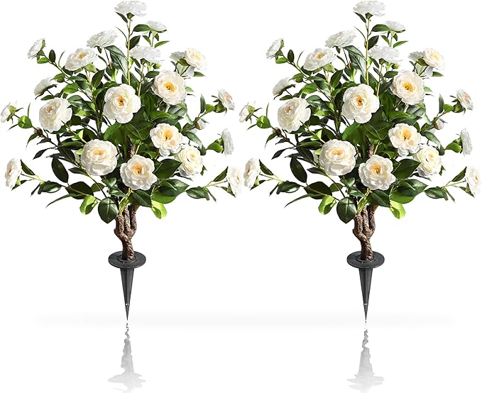 36''Artificial Camellia Tree, 2 Pack Soil Insertion w/Spike,Flower Plants, Faux Floral Plant Blooming Tree in Cement Pot, Greenery Potted Plant for Indoor Outdoor Office Home Porch Decor