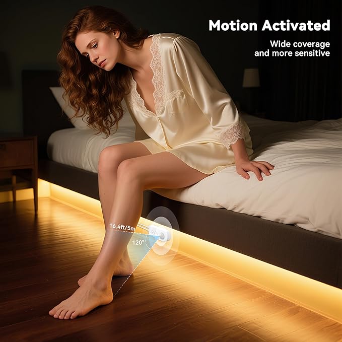 PAUTIX Motion Sensor Strip Lights 24V COB LED Strip Light Motion Activated LED Strip Light 2700K Warm White,20ft Dimmable Super Bright with Dual Lighting Mode,for Under Cabinet,Kitchen,Stairs,Bedroom