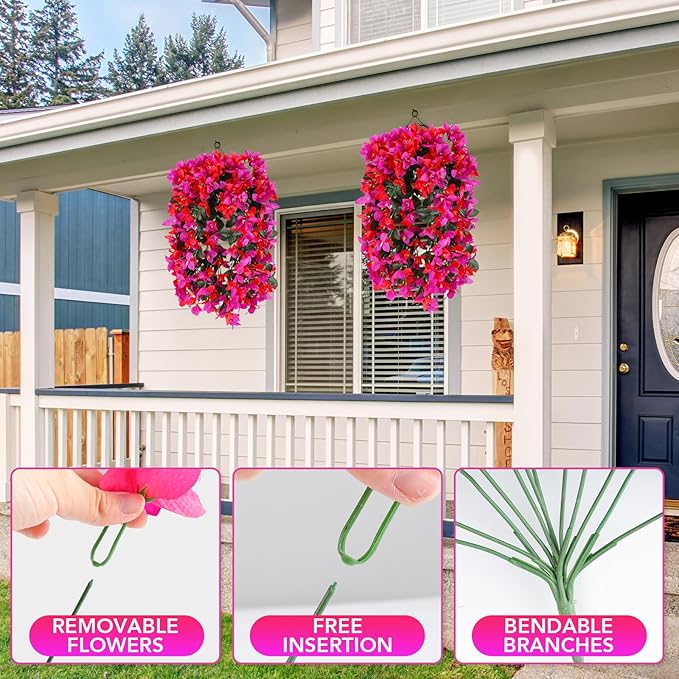 Artificial Bougainvillea Flowers for Outdoor Plant,2 pcs Faux Hanging Flowers Bougainvillea for Outside Decoration,Fake Silk UV Resistant Vines for Front Door Porch(Rose red+Fuchsia)