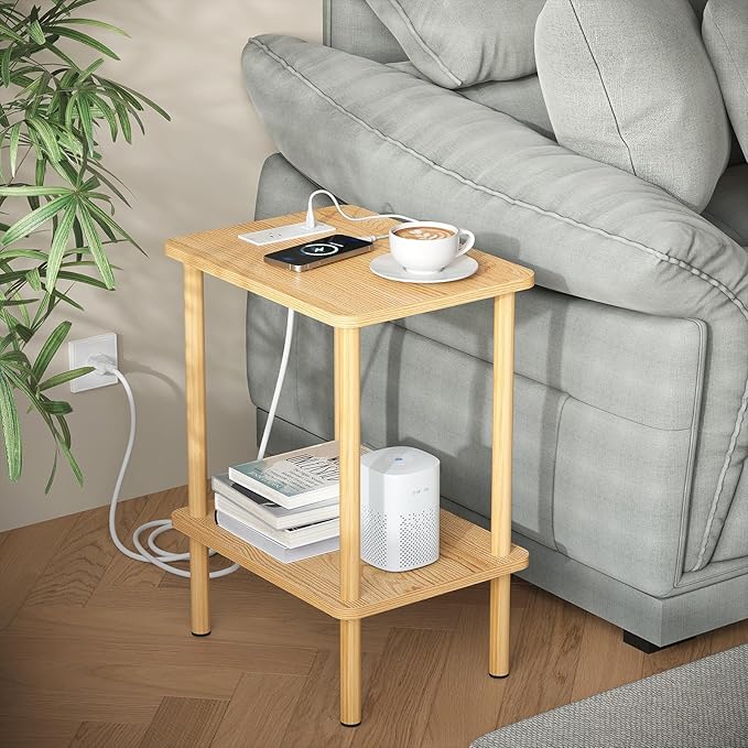 Apicizon 2 Tier End Table Set of 2, Small Side Table with Charging Station, Boho Bedside Table with USB Ports and Outlets, Nightstand for Small Spaces, Bedroom, Living Room, Easy Assembly, Natural