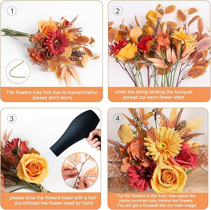Artificial Fall Flowers Bouquet for Decoration, Fall Fake Silk Flower Arrangements Faux Autumn Flowers Fall Decorations for Home Indoor Office Wedding Bride Bouquets Tables Centerpieces Fall Decor