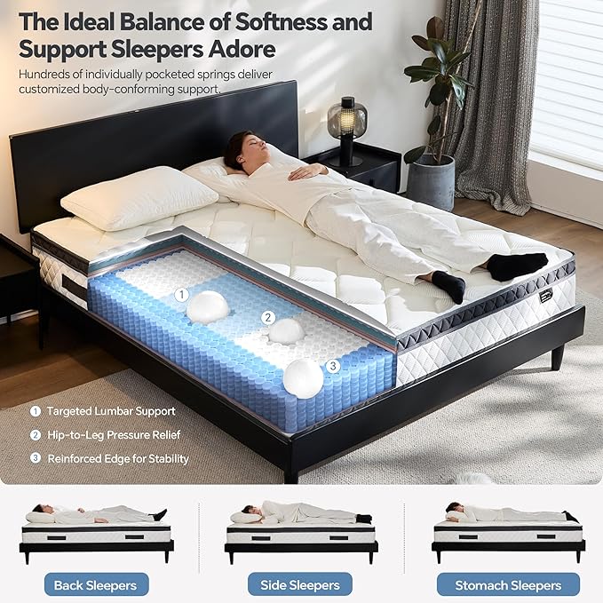 King Size Mattress in a Box, 12 Inch Hybrid Mattress with Individual Pocket Spring & Memory Foam, Soft, Motion Isolation, Medium Firm Comfort for Pressure Relief, CertiPUR-US Certified