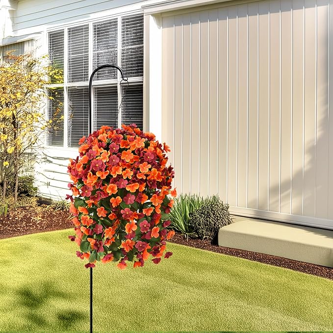 Artificial Fake Hanging Plants Flowers Basket for Fall Autumn Outdoor Decoration,Faux Silk Begonia in Planter UV Resistant Realistic for Outside Home Porch Patio Balcony Yard Decor