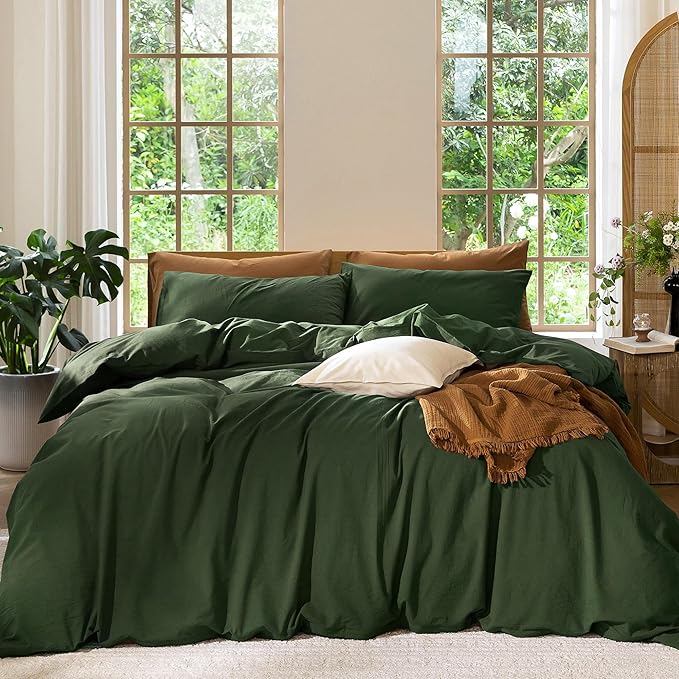 MooMee Bedding Duvet Cover Set 100% Washed Cotton Linen Like Textured Breathable Durable Soft Comfy (Solid Forest Green, Full 80"x90")