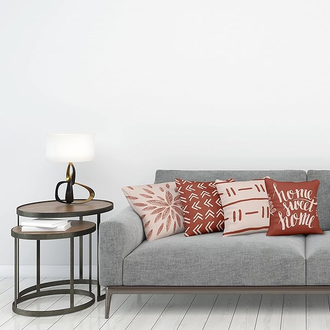 Ambesonne Modern Throw Pillow Cushion Case Pack of 4, Scandinavian Minimal Ornaments Boho Feather Leaves and Home Phrase Print, Modern Accent Double-Sided Digital Printing, 16", Pale Tan and Dark Rust