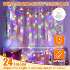 600LED Multicolor Curtain Lights for Bedroom, 19.6ft x 9.8ft Fairy Curtain String Light with 24 Hooks, 8 Modes Hanging Lights for Wedding, Party, Backdrop, Window, Xmas Decor