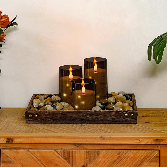 Homemory Flickering Flameless Candles with String Lights, Battery Operated Candles, Embedded String Lights LED Candles, Unbreakable Plexiglass with Remote, Set of 3, Grey