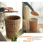 4 Gallons Wicker Waste Basket - Water Hyacinth Bathroom Garbage Can with a Lid - Bathroom Trash Can Boho Style - Wicker Trash Can with Lid for Household, Kitchen - Removable Liner, Iron Frame