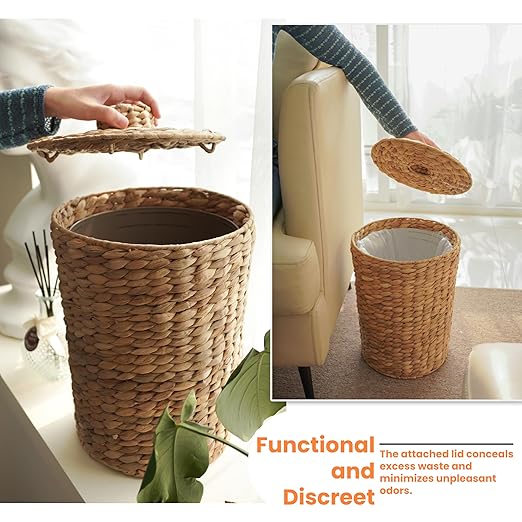 4 Gallons Wicker Waste Basket - Water Hyacinth Bathroom Garbage Can with a Lid - Bathroom Trash Can Boho Style - Wicker Trash Can with Lid for Household, Kitchen - Removable Liner, Iron Frame