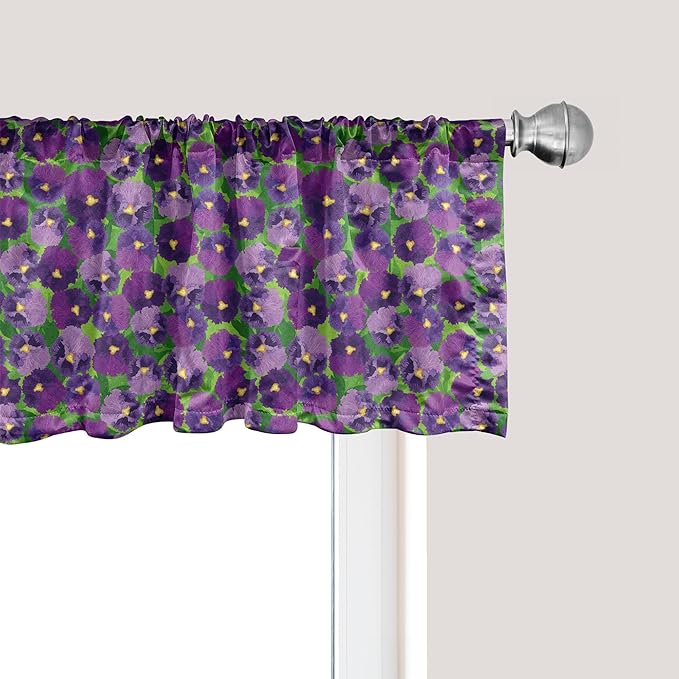 Ambesonne Botanical Window Valance, Green Field Full of Burgeoning Pansy Inflorescence Garden Flourish Bedding Plants, Curtain Valance for Kitchen Bedroom Decor with Rod Pocket, 54" X 12", Purple
