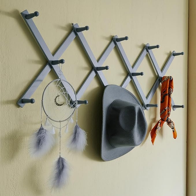 SKOLOO Hat Rack for Wall with 14 Hooks, Solid Wooden, Modern, Expandable Coat Rack Wall Mount for Coats, Hats, Bags, Baseball Caps, Dusty Gray Oak