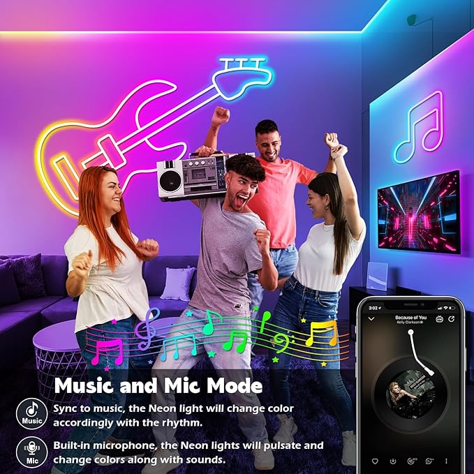 LETIANPAI 32.8Ft Neon Rope Lights,Flexible Led Rope Lights Control with App/Remote,Multiple Modes Rope Lights,IP65 Outdoor RGB Led Neon Lights Waterproof,Music Sync Gaming Led Light Strip (32.8FT)