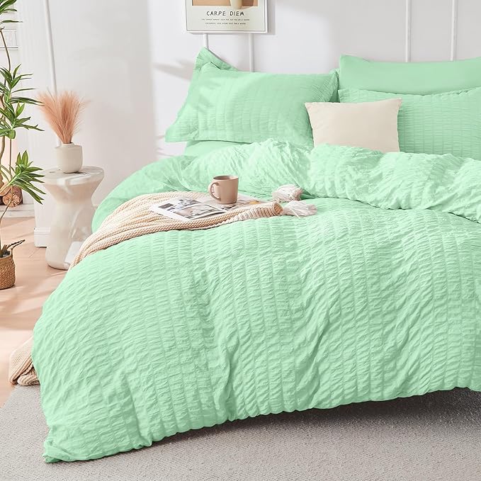 HYMOKEGE Mint Green King Size Comforter Set Seersucker 7 Pieces, All Season Luxury Bed in a Bag for Bedroom, Bedding Set with Comforter, Sheets, Pillowcases & Shams