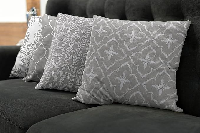Ambesonne Vintage Throw Pillow Cushion Case Pack of 4, Monochrome Design Grid Trellis Quatrefoil Mesh and Dahlia Flowers Modern Print, Modern Accent Double-Sided Digital Printing, 20", Grey White