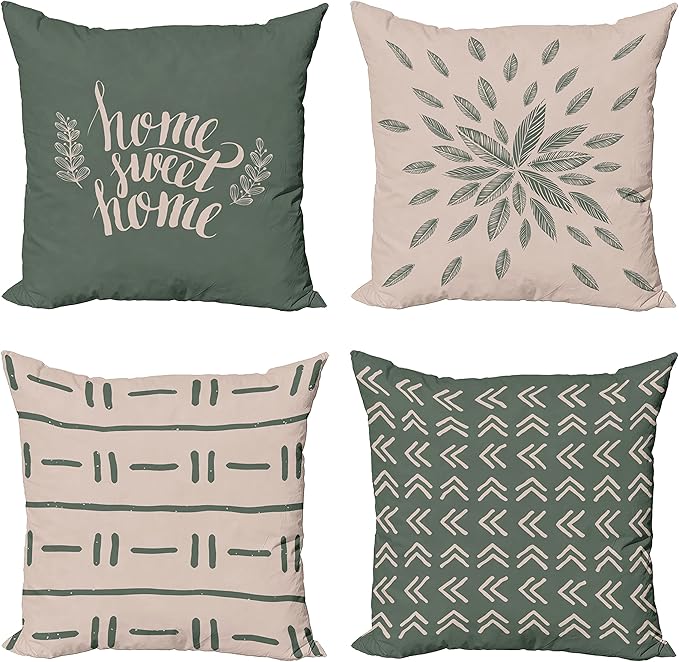 Ambesonne Modern Throw Pillow Cushion Case Pack of 4, Scandinavian Minimal Ornaments Boho Feather Leaves and Home Phrase, Modern Accent Double-Sided Digital Printing, 20", Pale Tan and Reseda Green