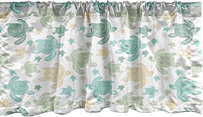 Ambesonne Turtles Window Valance Pack of 2, Illustration of Repeating Motifs of Animal Print in Assorted Tones, Rod Pocket Curtain Valances for Kitchen Bedroom, 54" X 12", Seafoam and Grey Yellow