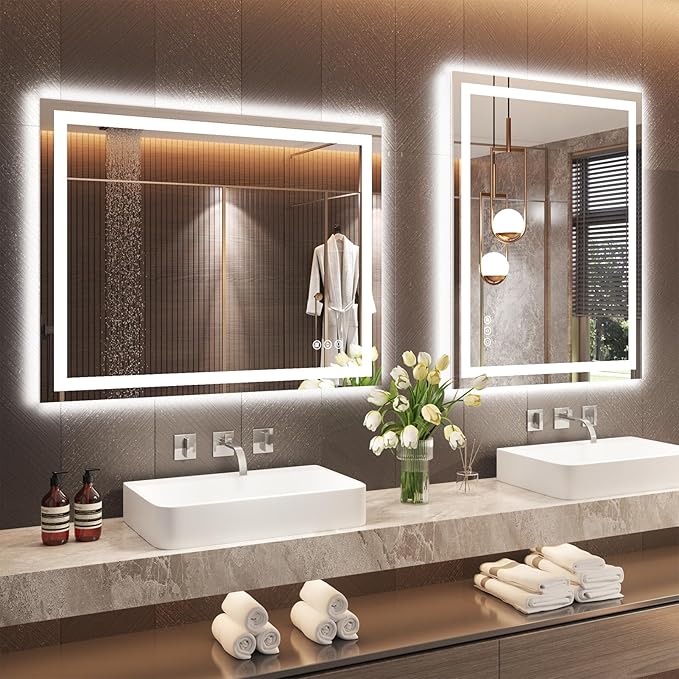 30"X36" LED Bathroom Mirror with Front Lights and Backlit, Anti-Fog, Dimmable, Shatter-Proof Tempered Glass, Lighted Bathroom Vanity Mirror for Wall with 3 Colors, Memory Function