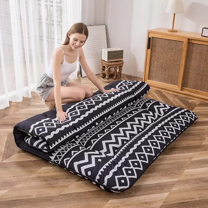 MAXYOYO Japanese Floor Futon Mattress - Thicken Sleeping Pad, Roll Up Floor Lounger Bed for Camping, Guest Room - Thick, Soft and Comfortable, Black Stripe, Full Size