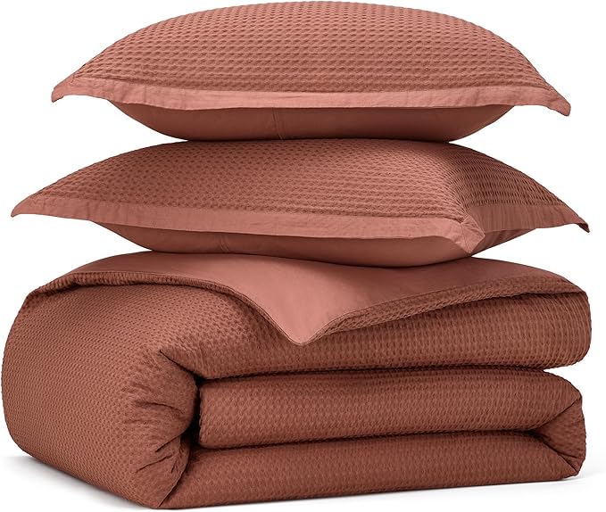 Bedsure Cotton Duvet Cover Queen - 100% Cotton Waffle Weave Burnt Orange Duvet Cover Queen Size, GentleSoft™ and Breathable Bedding Set for All Season, 3 Pieces, 90"x90"