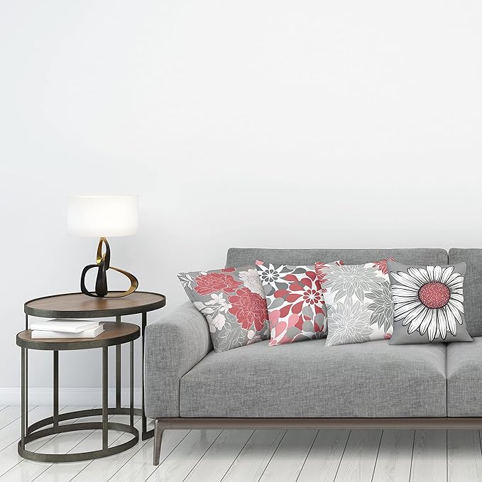 Ambesonne Floral Throw Pillow Cushion Case Pack of 4, Flower Petals Modern Color Palette Chamomile Peony Dahlia and Sunflower Print, Modern Accent Double-Sided Digital Printing, 16", Dark Coral Grey