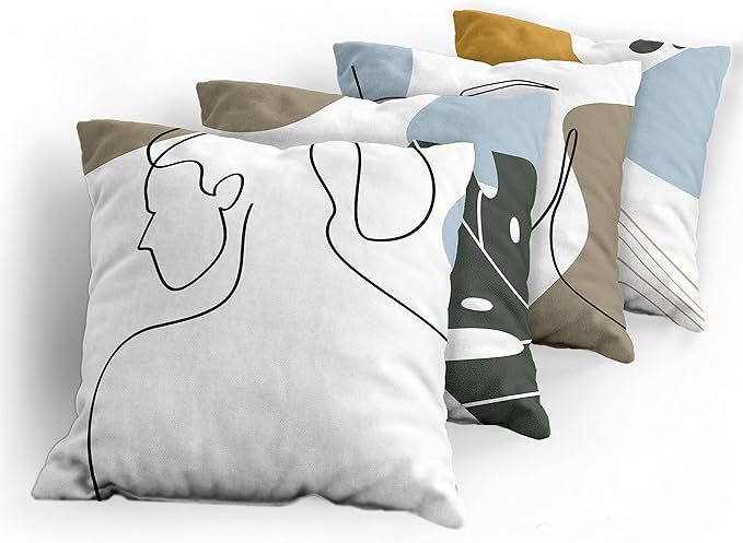 Ambesonne Minimal Throw Pillow Cushion Case Pack of 4, Modern Line Art Woman Portrait with Contemporary Leafy Geometric Details, Modern Accent Double-Sided Digital Printing, 20", Baby Blue Taupe Amber