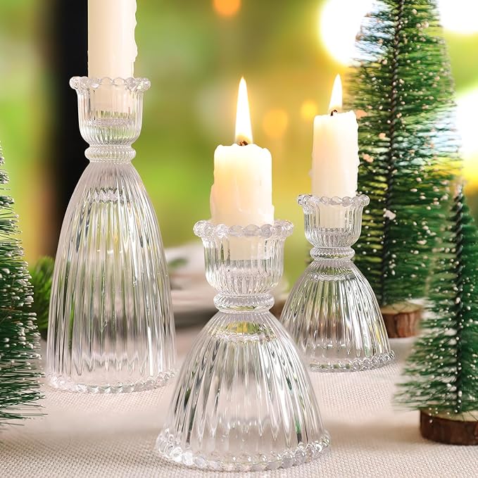 6 Pcs Clear Glass Candlestick Holders (3.5"/6", Assorted)- Tall Taper Candle Holders with Vintage Design, Candle Stick Holders in Bulk for Party Decorations, Glass Candle Holder for Tapered Candles