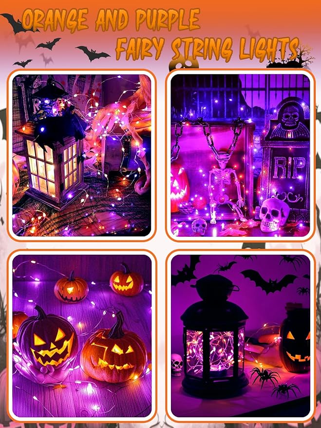4-Pack 33FT 100 LED Fairy Lights Battery Operated with Remote & Timer, Fairy Halloween String Lights, Waterproof 8 Modes Twinkle Lights for Room Decor (Purple and Orange)