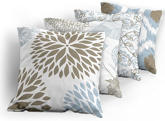 Ambesonne Vintage Throw Pillow Cushion Case Pack of 4, Bohemian Ornamental Leaves Dahlia Pattern Geometric Art Curlicue Motif, Modern Accent Double-Sided Digital Printing, 18", Blue Grey and Cocoa