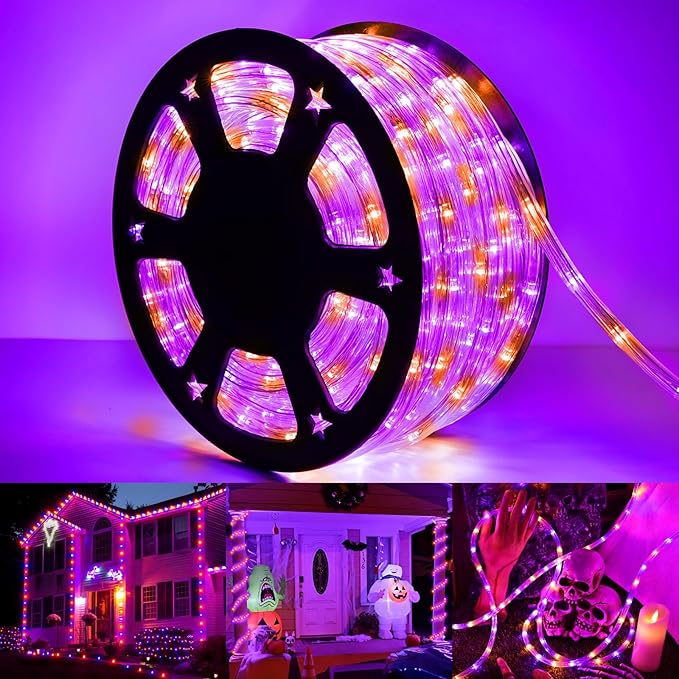 50ft 360 LED Rope Lights Outdoor, Connectable and Flexible Tube Lights with 8 Modes, Waterproof Indoor Outdoor LED Rope Lighting for Deck, Garden, Pool, Patio, Holloween Decorations (Orange & Purple)