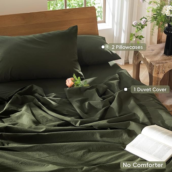 MooMee Bedding Duvet Cover Set 100% Washed Cotton Linen Like Textured Breathable Durable Soft Comfy (Solid Olive Green, Full 80"x90")