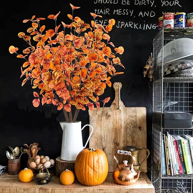 6pcs Artificial Fall Eucalyptus Leaves Stems 30" Faux Fall Leaf Fall Branches Autumn Decorations for Home Fall Floral Arrangements Farmhouse Table Centerpiece Decor
