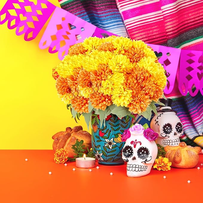 6 Bundles 16.5" Artificial Marigold Flowers 54 Heads Orange & Yellow Dried Silk Fake Marigold Ball Heads Bouquet Realistic Autumn Plants for Day of the Dead Dia De Los Muertos Fall Decoration
