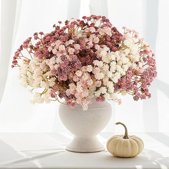 Baby Breath Fall Flowers Artificial Bulk, 15Pcs Fall Decor Fake Gypsophila Plants Bouquets Flowers Real Touch Faux Babies Breath Arrangement for Home Autumn Wedding Party Vase Decoration Pink