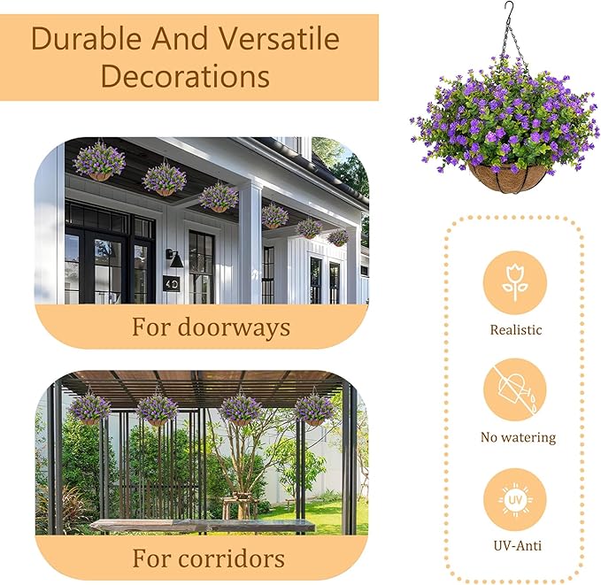 Artificial Hanging Flowers Basket for Outdoor, 16 Fake Flowers Look Real UV Resistant, Faux Hanging Plants for Porch, Balcony, Patio, Garden, Spring Summer Decor,Purple