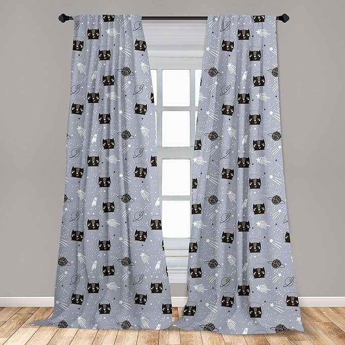 Ambesonne Outer Space Window Curtains, Astronaut Cats Exploring The Universe on Dotted Background, Lightweight Decor 2-Panel Set with Rod Pocket, Pair of - 28" x 84", Purple Grey