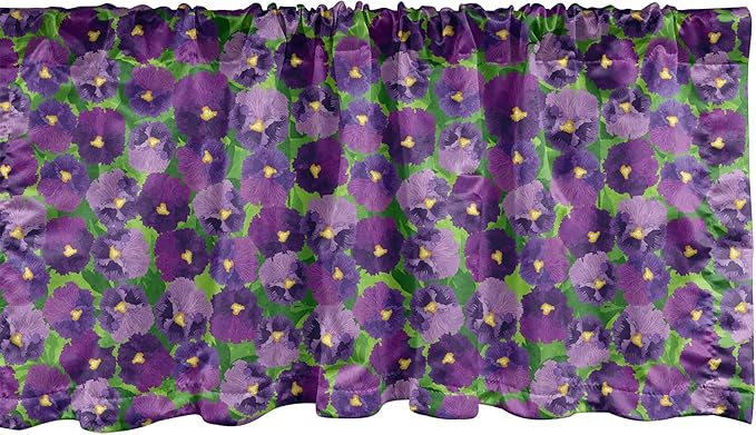 Ambesonne Botanical Window Valance, Green Field Full of Burgeoning Pansy Inflorescence Garden Flourish Bedding Plants, Curtain Valance for Kitchen Bedroom Decor with Rod Pocket, 42" x 18", Purple