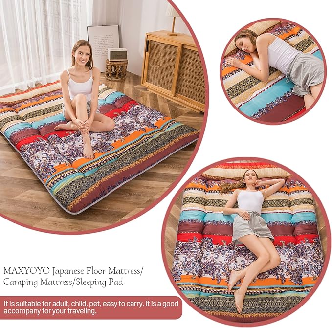 MAXYOYO Bohemian Retro Floor Mattress Vintage Floral Japanese Futon Mattress Roll Up Thicken Sleeping Bed Portable Camping Mattress Floor Lounger Couch Bed Pad, Twin Size