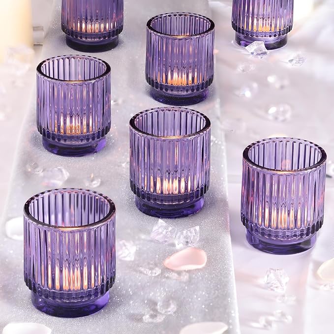 8 Pcs Large Lavender Votive Candle Holders, Tealight Ribbed Candle Holders Glass, Brildal Shower Table Decor,Wedding Centerpieces Table Decorations