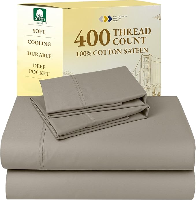 California Design Den King Bed Sheets Set - Soft 400 Thread Count Sateen, Natural 100% Cotton Sheets,Durable & Breathable Bedding with Deep Pockets - Taupe