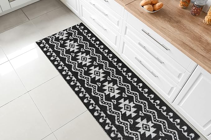 Custom Length Cut to Size Tribal Ethnic Southwestern Inspired Hallway Runner Rug, Non Slip Rubber Backed, 31 inch Wide X Customized Length, Aztec Black, 31 inch X 22 feet