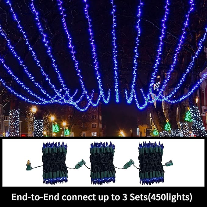 LAMPHOME Super-Bright Extendable Blue Christmas Lights Decoration 300Lights 63.8ft(2pk of 150L) UL Certified Mini Bulb String Lights Set for Outdoor Christmas Tree Garden Holiday Party Patio Decor