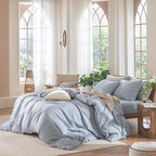 MooMee Bedding Duvet Cover Set 100% Washed Cotton Linen Like Textured Breathable Durable Soft Comfy (Heathered Cornflower Blue, Palatial King/Oversized King 120"x98")