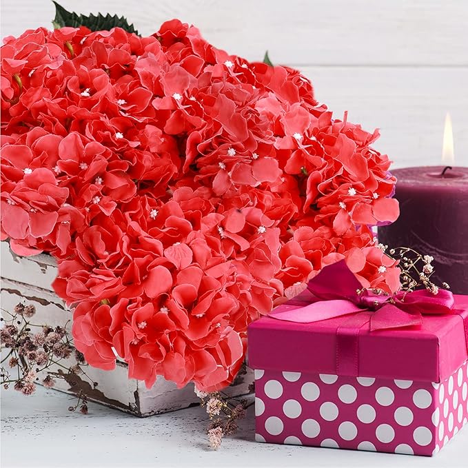 Auihiay 64pcs Hydrangea Artificial Flowers, Red Fake Hydrangea Flowers with Stems, Artificial Hydrangea Flowers for Wedding Centerpieces, Home Garden Party Decoration (Red)