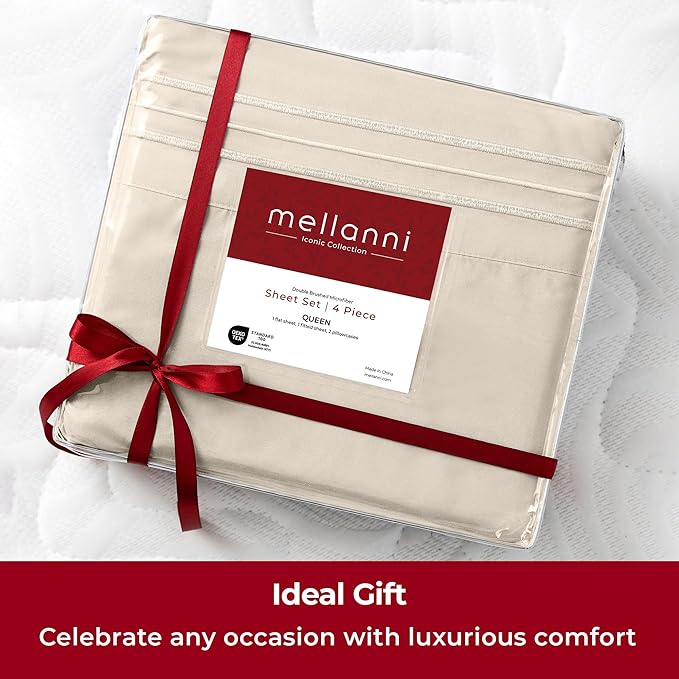 Mellanni Extra Deep Twin Sheets - 3 PC Iconic Collection Bedding - Hotel Luxury, Ultra Soft, Cooling Bed Sheets - Wrinkle, Fade, Stain Resistant (Twin, Beige)