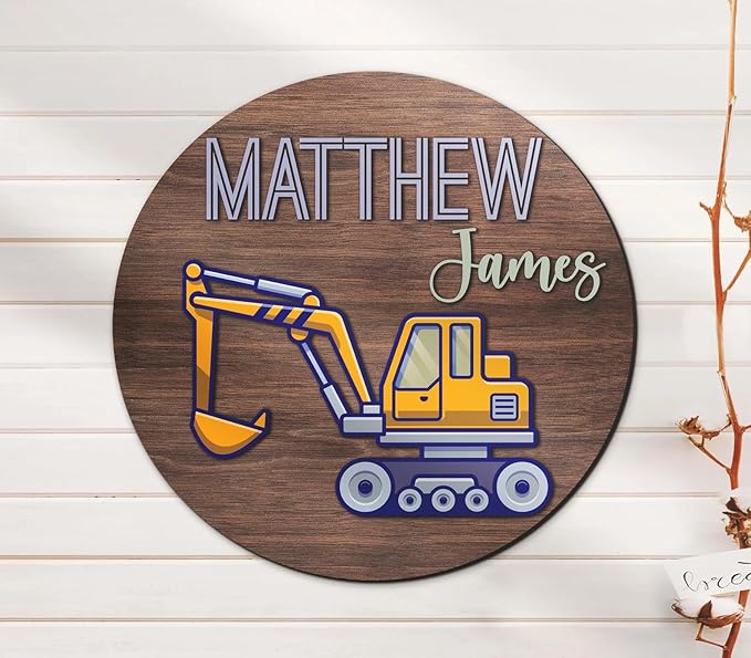 Custom Excavators 3D Wooden Nursery Name Sign, Personalized Construction Baby Name Sign, Crib Decor for Baby Shower, Birthday Gifts for Baby Boys Girls, Baby Room Door Hanger