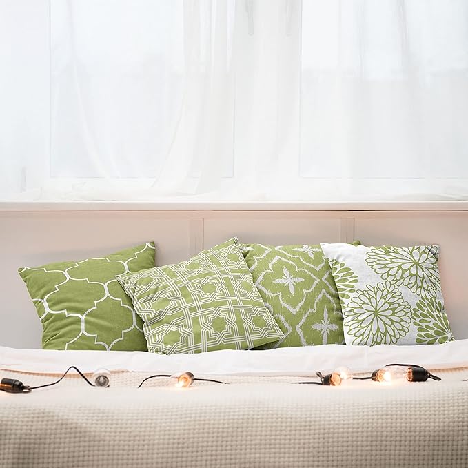 Ambesonne Vintage Throw Pillow Cushion Case Pack of 4, Monochrome Design Grid Trellis Quatrefoil Mesh and Dahlia Flowers Modern, Modern Accent Double-Sided Digital Printing, 16", Olive Green