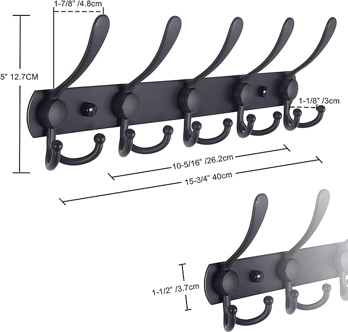 Dseap Coat Rack Wall Mounted - 5 Tri Hooks, Heavy Duty, Stainless Steel, Metal Coat Hook Rail for Coat Hat Towel Purse Robes Mudroom Bathroom Entryway,Black