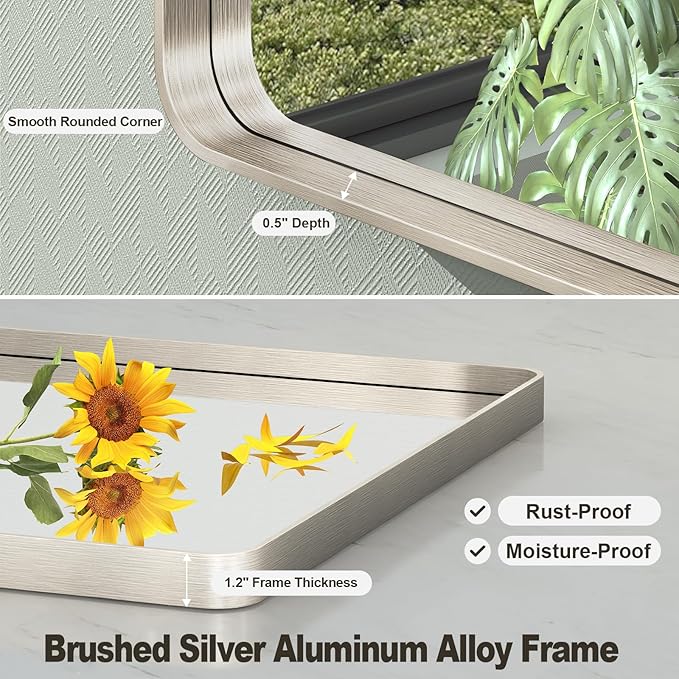 24x36 Inch Brushed Nickel Bathroom Mirror, Brushed Silver Metal Framed Wall Mirror, Rounded Corner Rectangle Vanity Mirror, Tempered Glass, Anti-Rust, Shatterproof (Horizontal/Vertical)